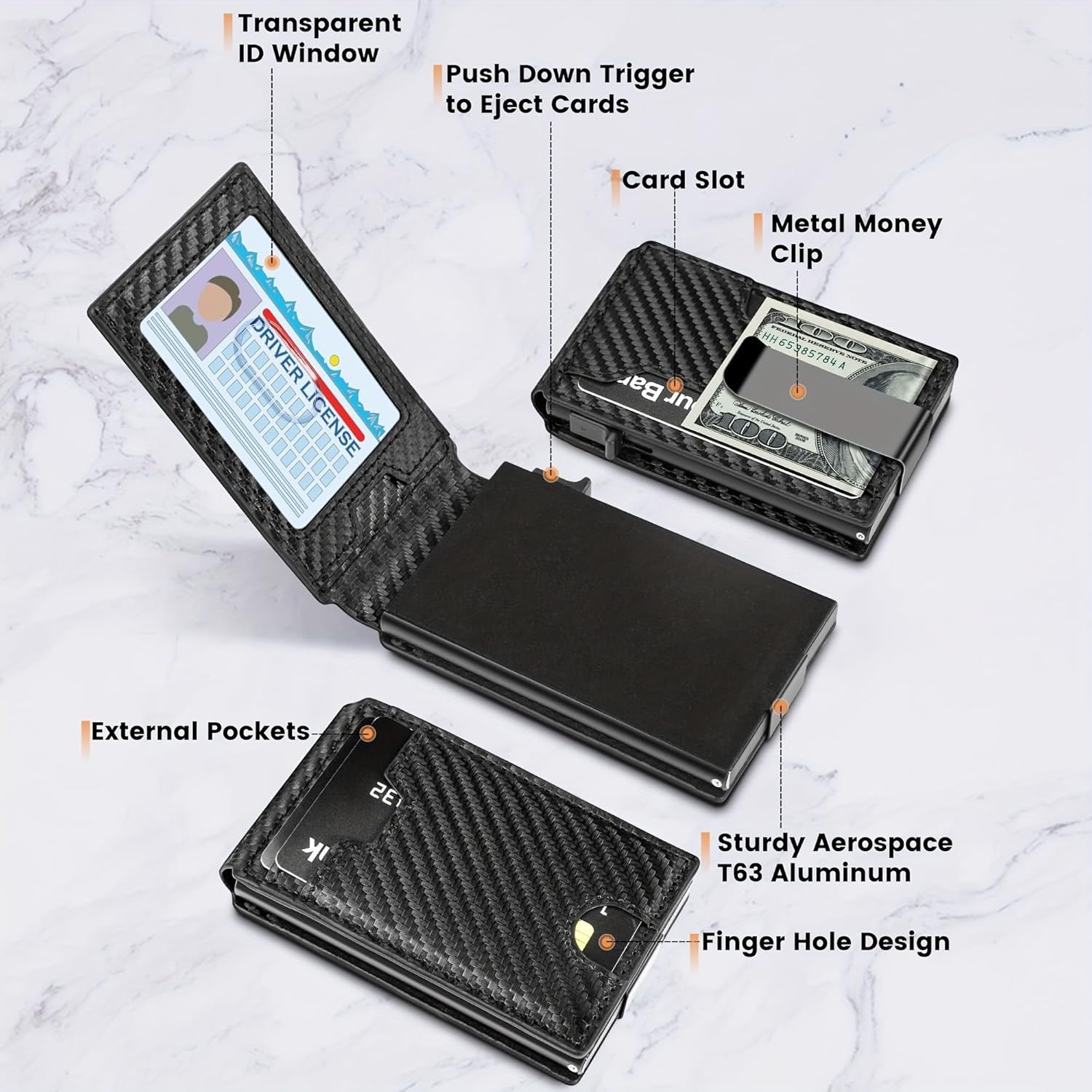 Men's Slim PopUp Bifold Carbon Fiber Wallet, RFID Blocking, Money Clip, Men Gift