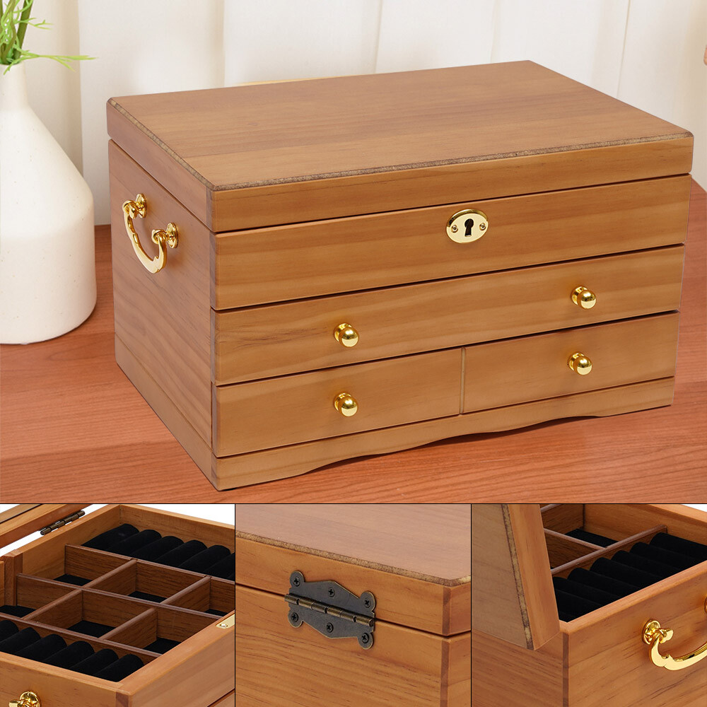 3 Layers Jewelry Storage Box+Mirror+Lock Multi-function Jewelry Box Gift Present