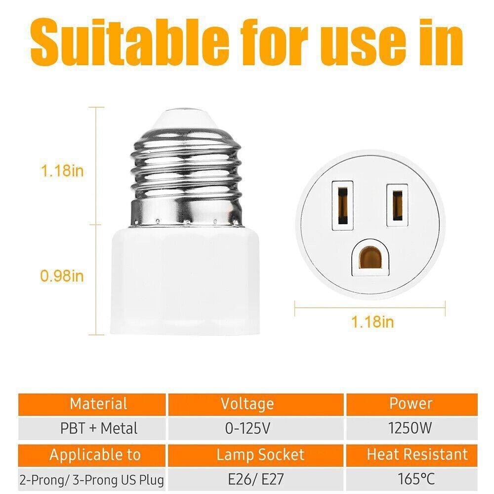 E26/E27 Light Bulb Socket 2/3 Prong Outlet Light Socket to Plug Adapter Convert