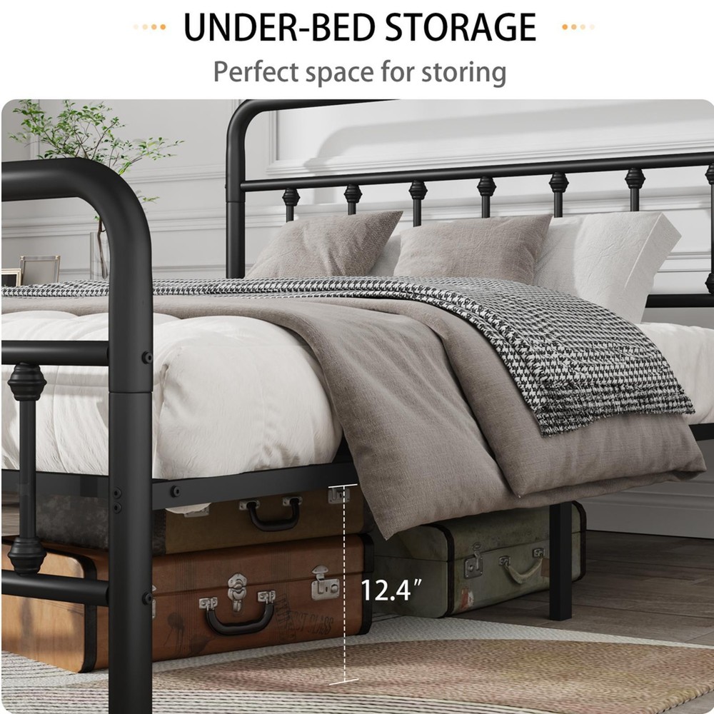 Black Metal Queen Bed Frame with High Headboard, Support, Ample Storage Space,