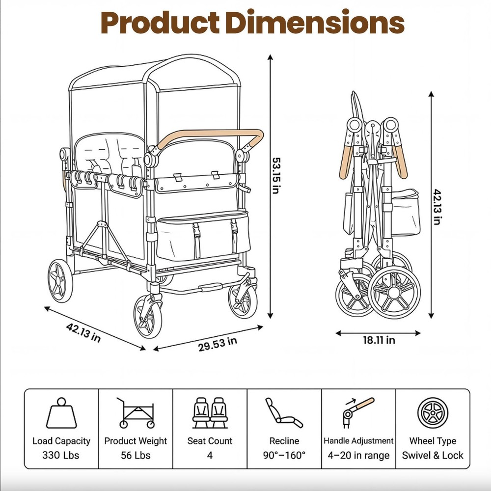 Wagon Stroller 4 Kids Push Pull Quad Collapsible Stroller 330LBS Capacity