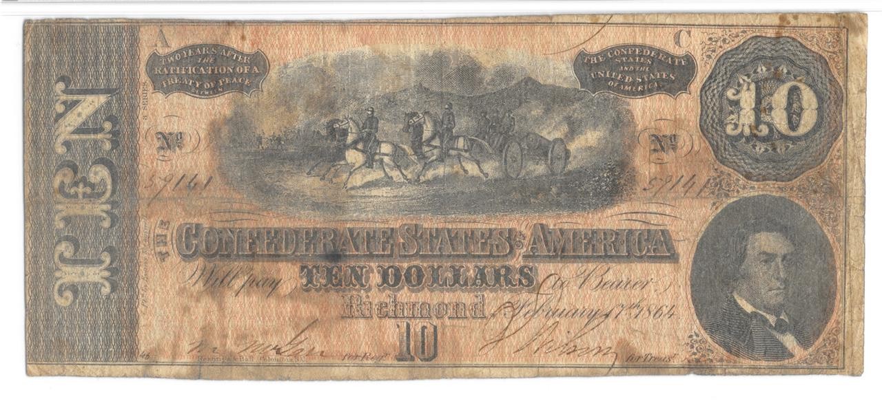 T-68 $10 Confederate 1864 PF-16 Rare Variety A-C Plate Letter Error PMG FINE 15