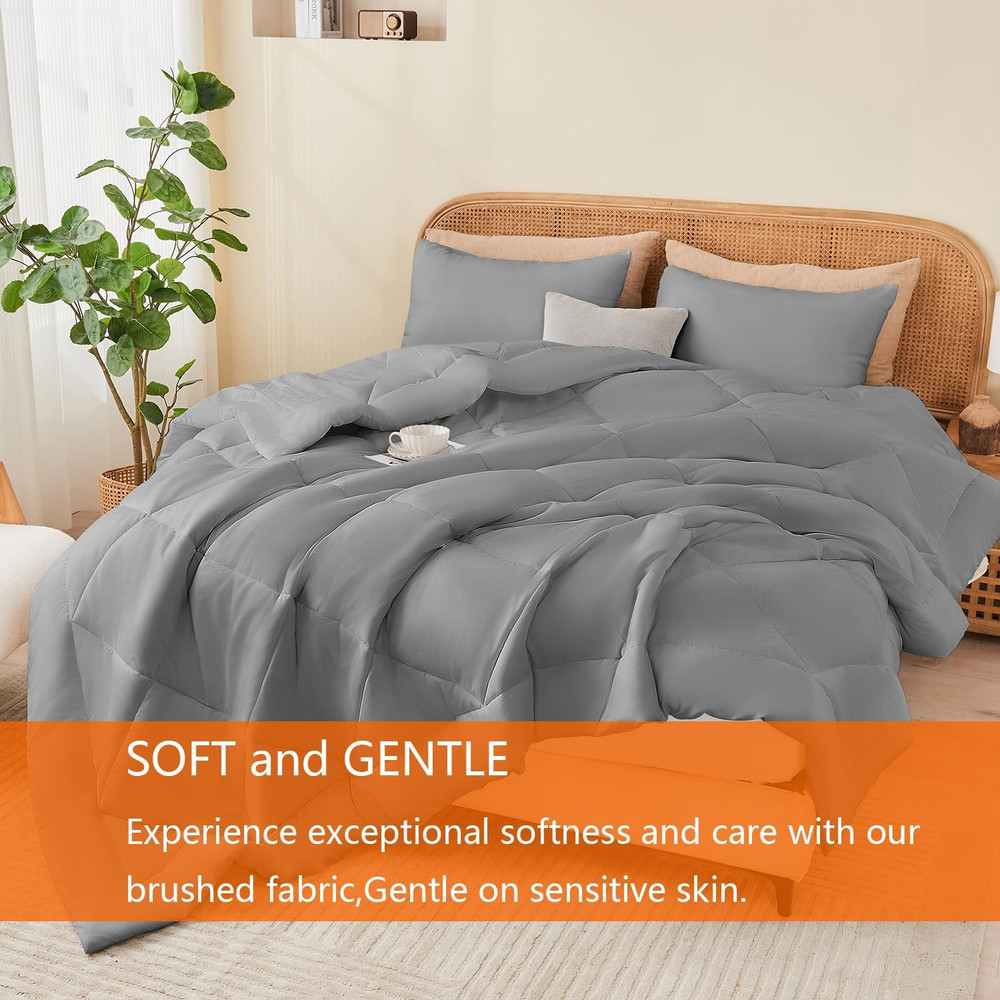 Queen Comforter Set Grey, 3 Pieces Lightweight All Season Solid Bedding Comforte