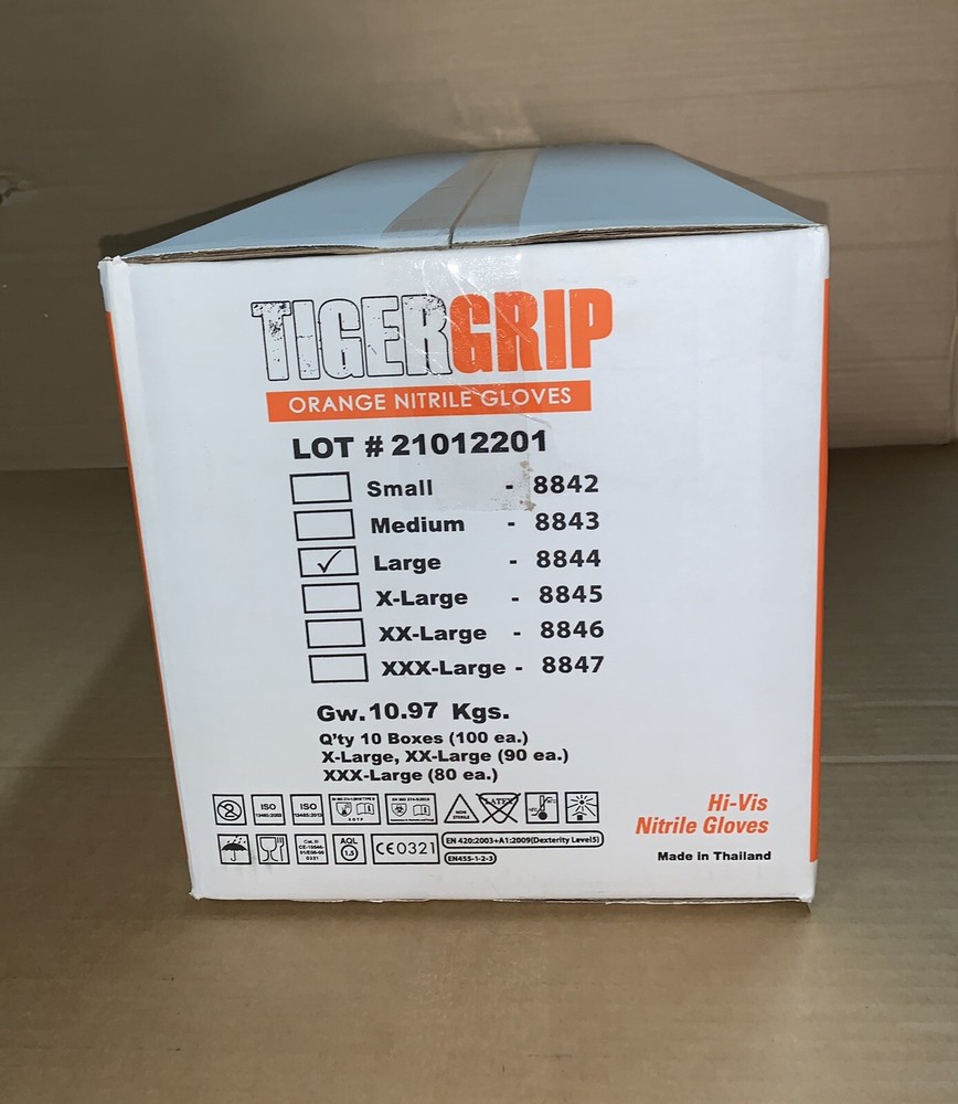 Tiger Grip Orange Nitrile Gloves 10 Boxes / 1000 Pieces Large