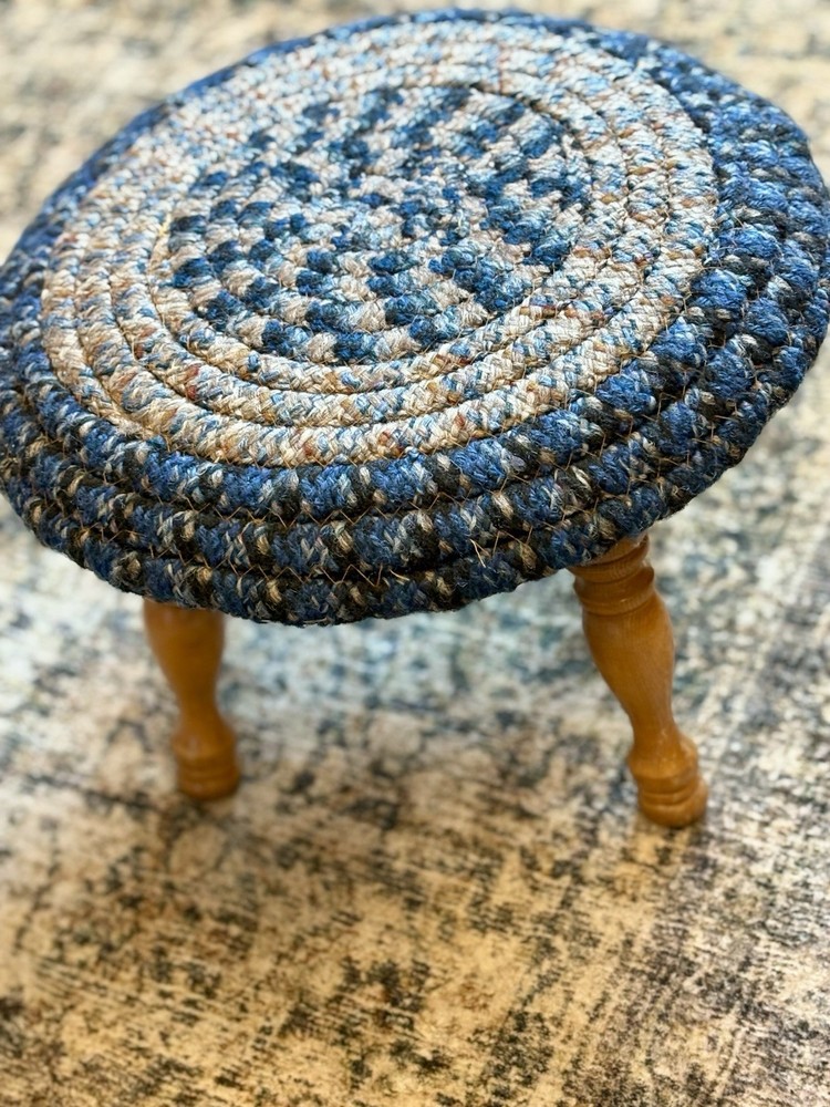 Handmade Vintage Braided Blue Round Stool