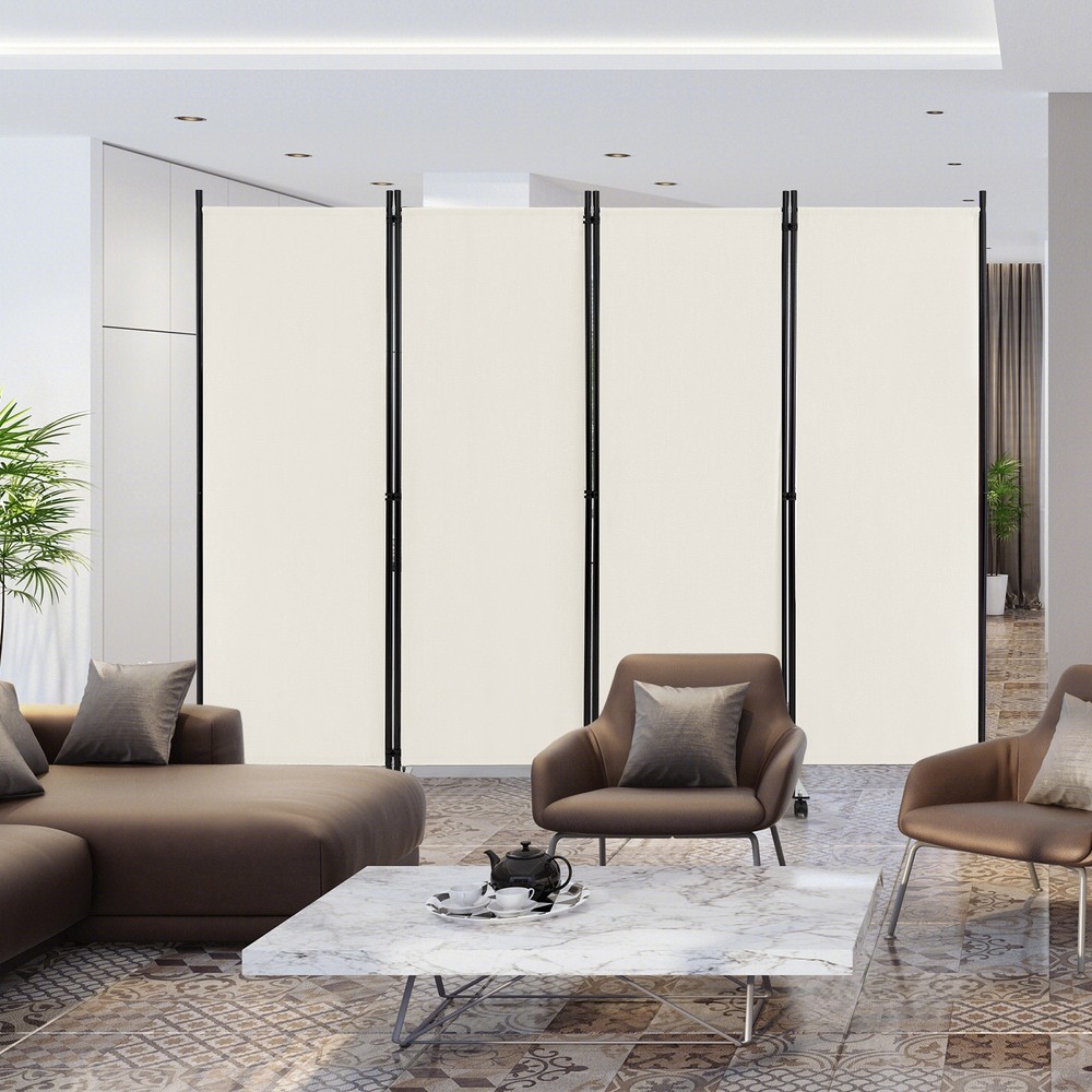 4-Panel Folding Room Divider 6' Rolling Privacy Screen w/ Lockable Wheels White