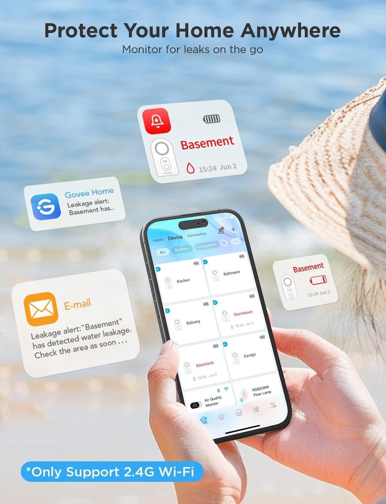 Smart Water Leak Sensor Set - 3 Pack with Adjustable 100dB Alarm Notifications