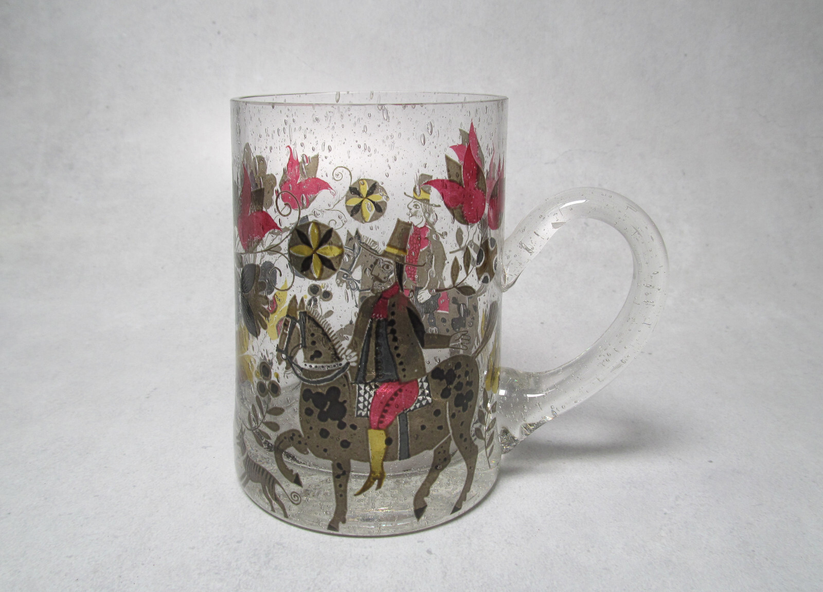Hand Blown Glass Tankard with Men on Horseback Design Used