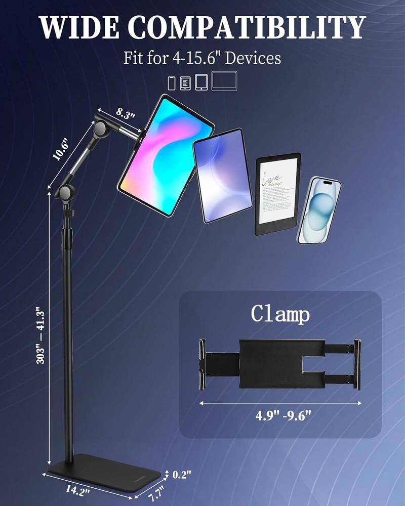 Tablet Floor Stand with Double Self-Locking Worm Gears, 70.9”Height Adjustabl...