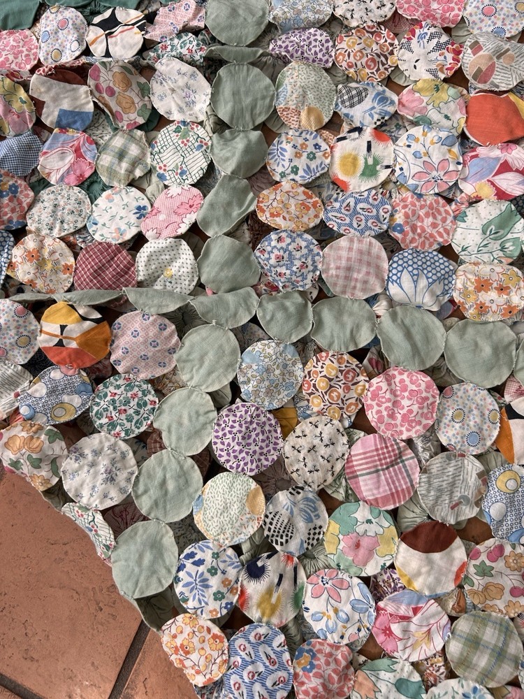 Antique Handmade Yo-Yo Quilt 64x94 Bedspread Patchwork Cottagecore