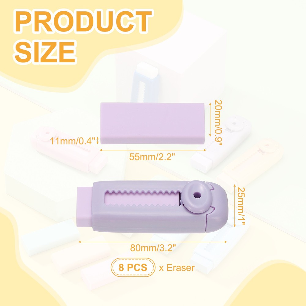 8 Pack Erasers, Pencil Erasers Large Eraser Push Pull Cute Soft, Purple