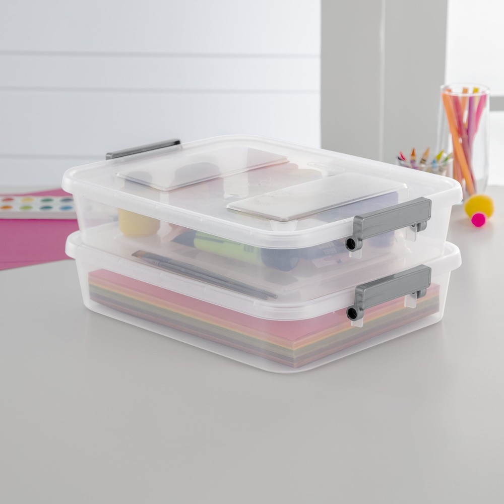 (4 pack) Sterilite 6.2 Quart Modular Latch Box, Clear Plastic Storage Box, Gray