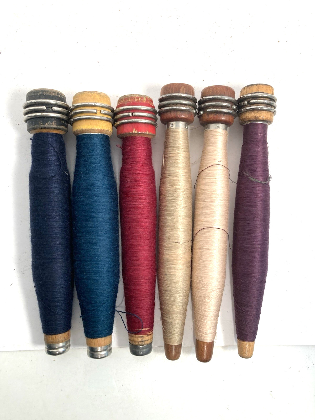 Wrapped Wood Quills, Bobbins, 2 types, 6 colors, Threaded, Textile, lot of 6
