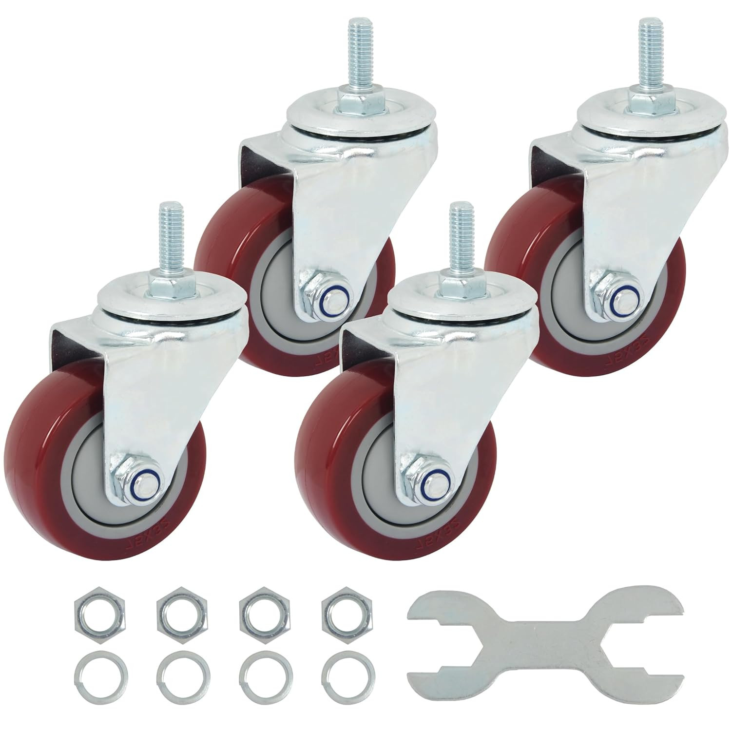 Swivel Caster Wheels 3 Inch Threaded Stem Set of 4 Heavy Duty Polyurethane Red