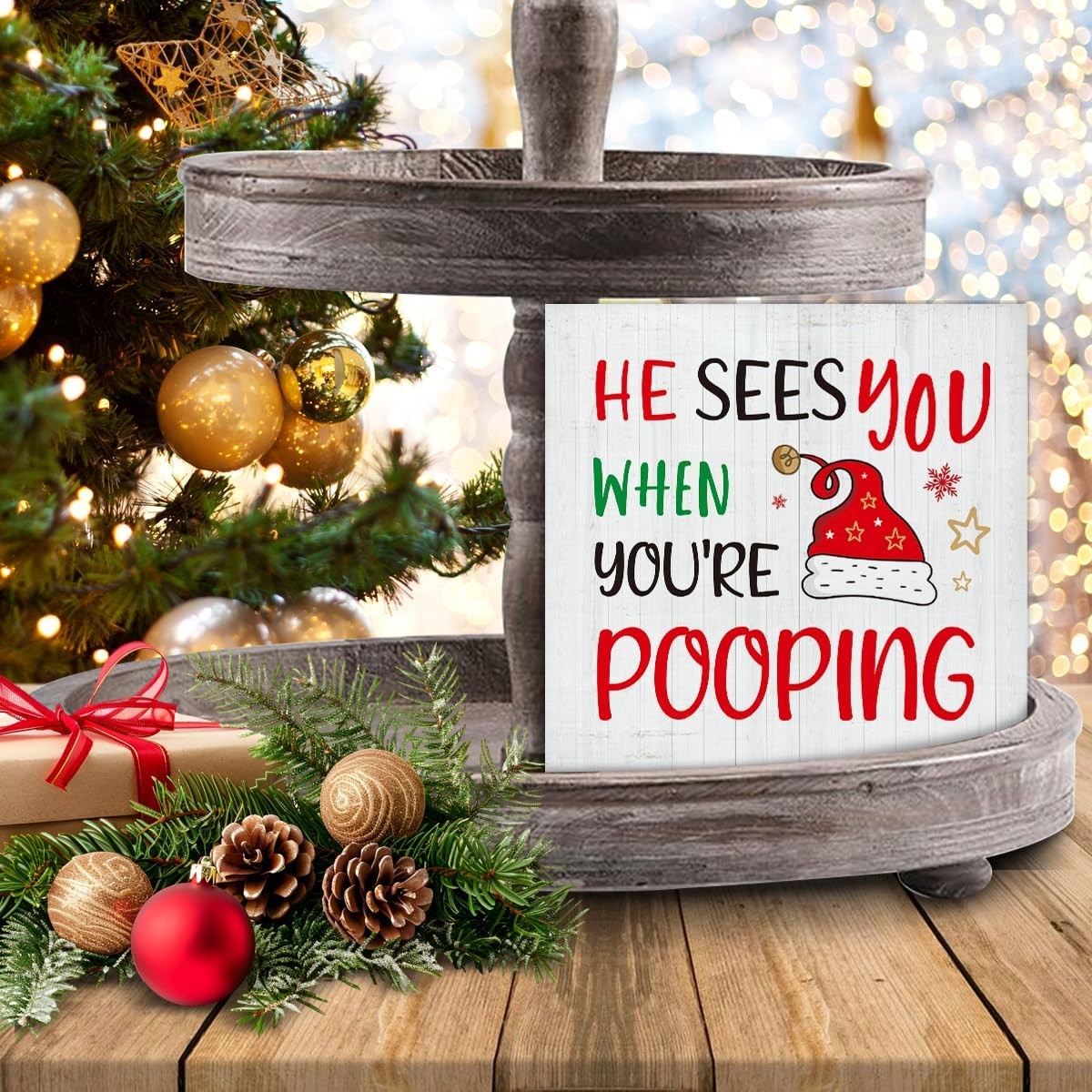 Christmas Bathroom Decorations - Funny Decor, He Sees You Pooping