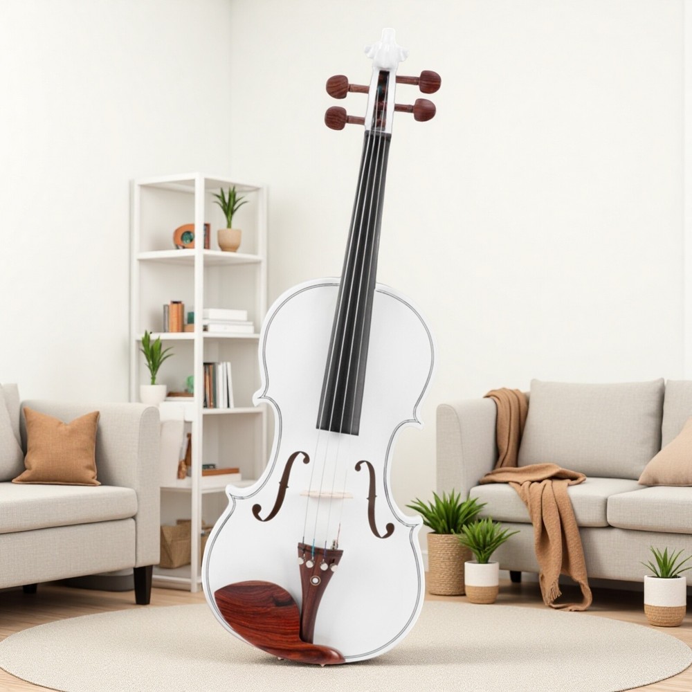 4/4 Solid Spruce Top Acoustic Beginner Violin Set - Tuner, White, Shoulder Rest