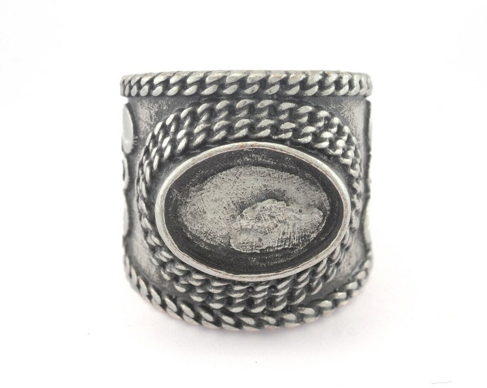 Ring Adjustable 10x14 Bezel Blank Setting Ring Antique Silver Plated Brass 3334