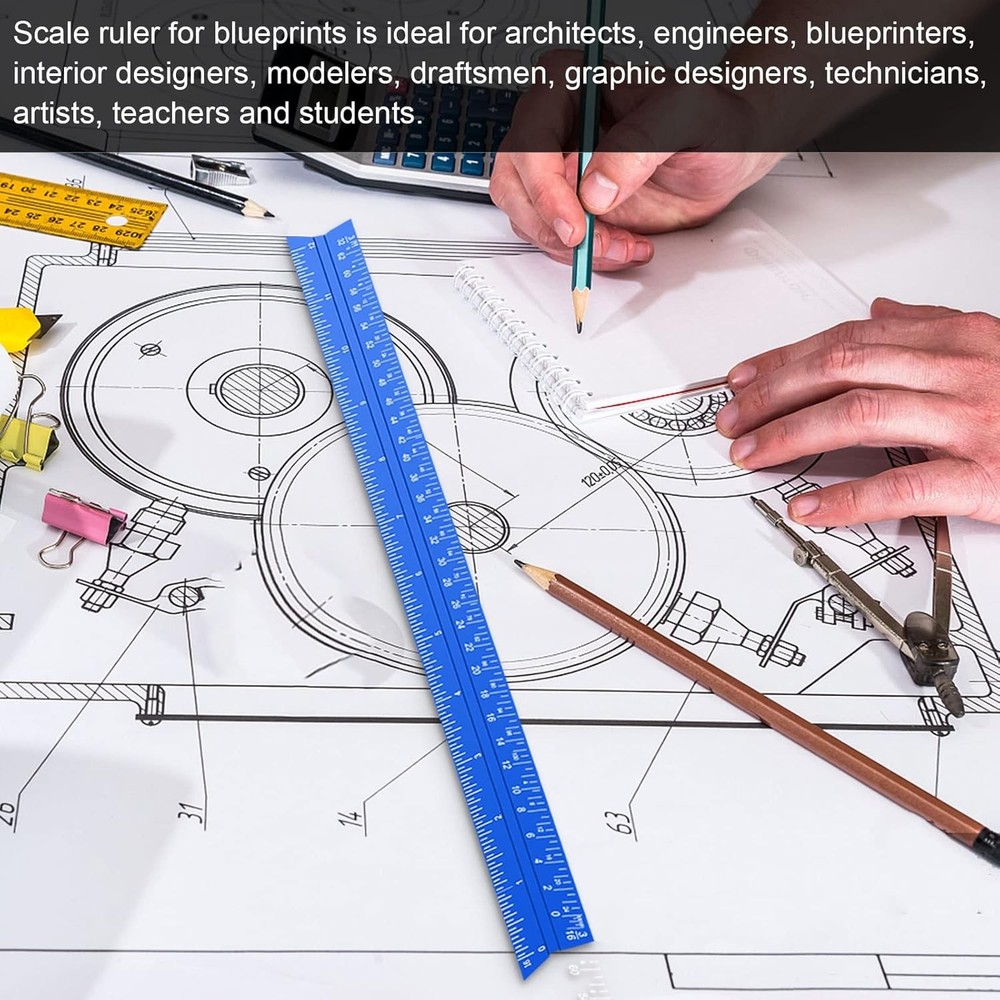 Architectural Scale Ruler, 12'' Imperial Architect Scale, Aluminum Blue