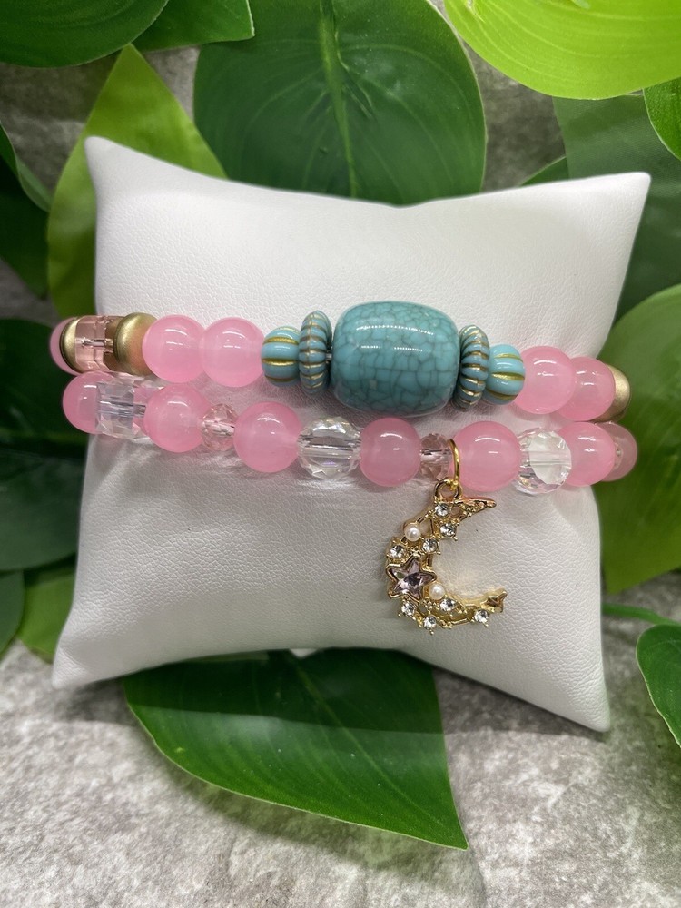 2 PC Handmade Beaded Stackable 7” Plus Stretch Bracelet Set Moon New A4567