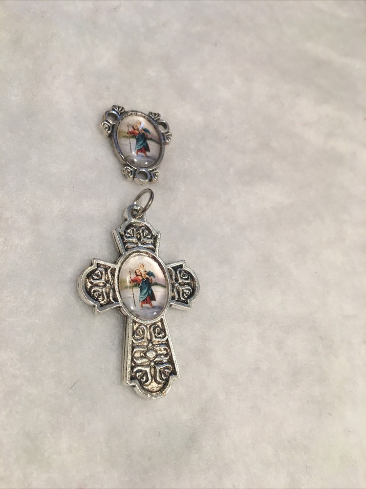Saint Christopher Rosary Set Silver Tone