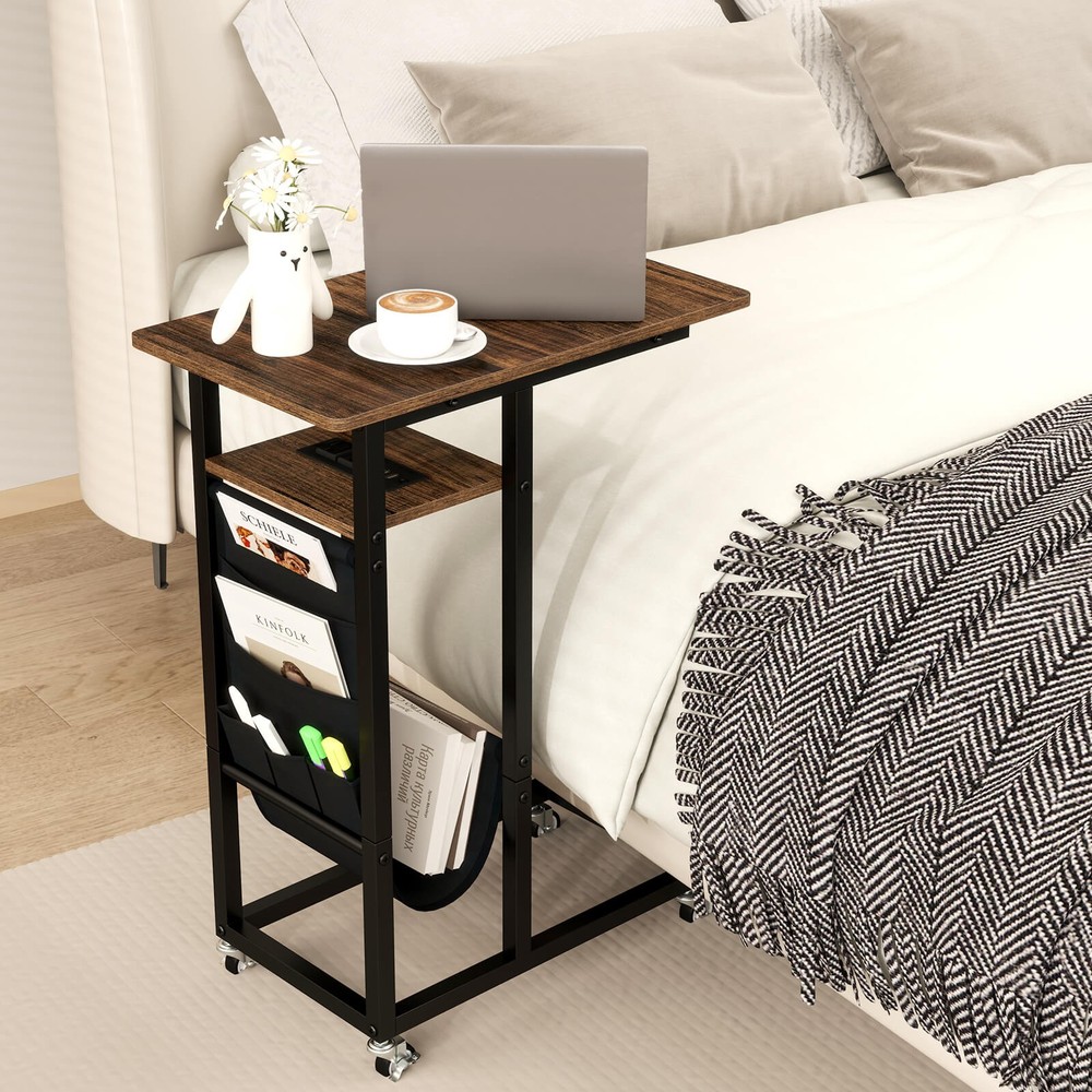 2 PCS C-shaped End Table w/ Charging Station Rolling Bedside Table Couch Side