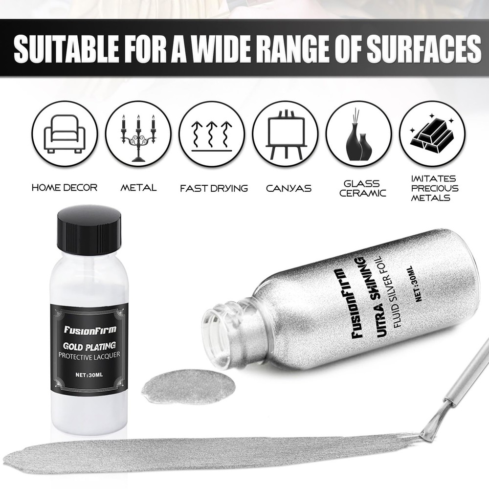 Liquid Silver Leaf Paint Kit - Alcohol-Based Quick Dry Ultra Shiny Metallic