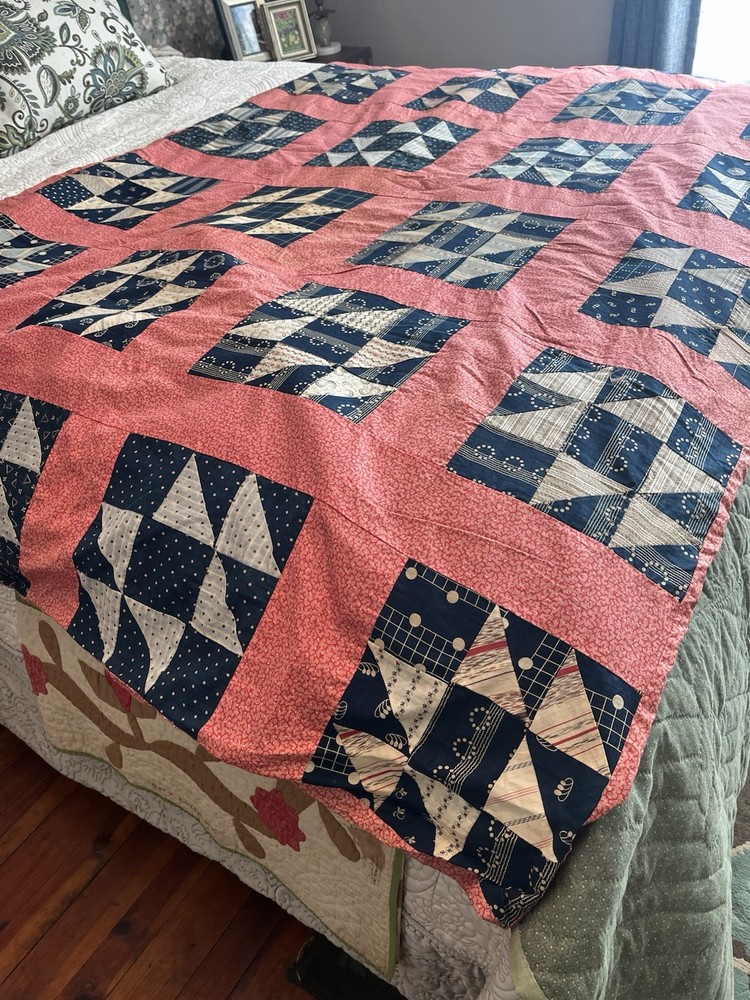 Vintage Handmade Quilt Indigo Pink Patchwork Bedspread