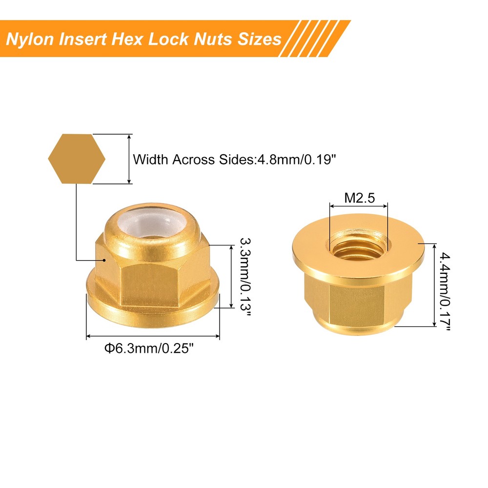 Nylon Insert Hex Lock Nuts, 20pcs - M2.5x0.45mm Self-Locking Nut(Gold)