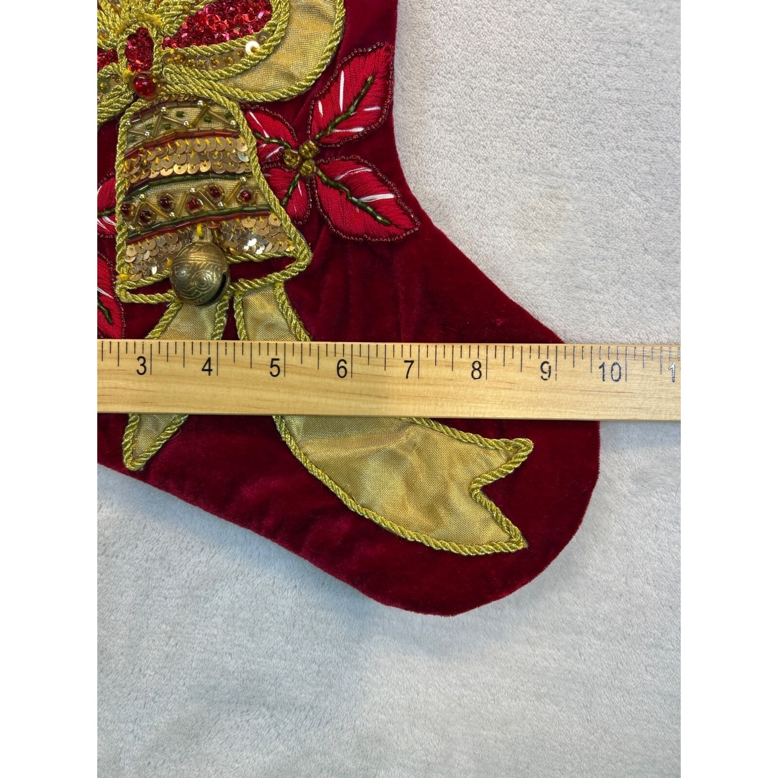 Vtg Christmas Stocking Velvet Jingle Bell Embroidered Poinsettias Sequins Beaded