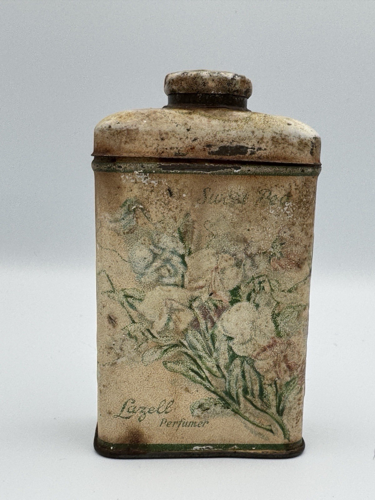 Antique Lazell Sweet Pea Talc Tin c1910 Advertising Floral Patina Cottagecore