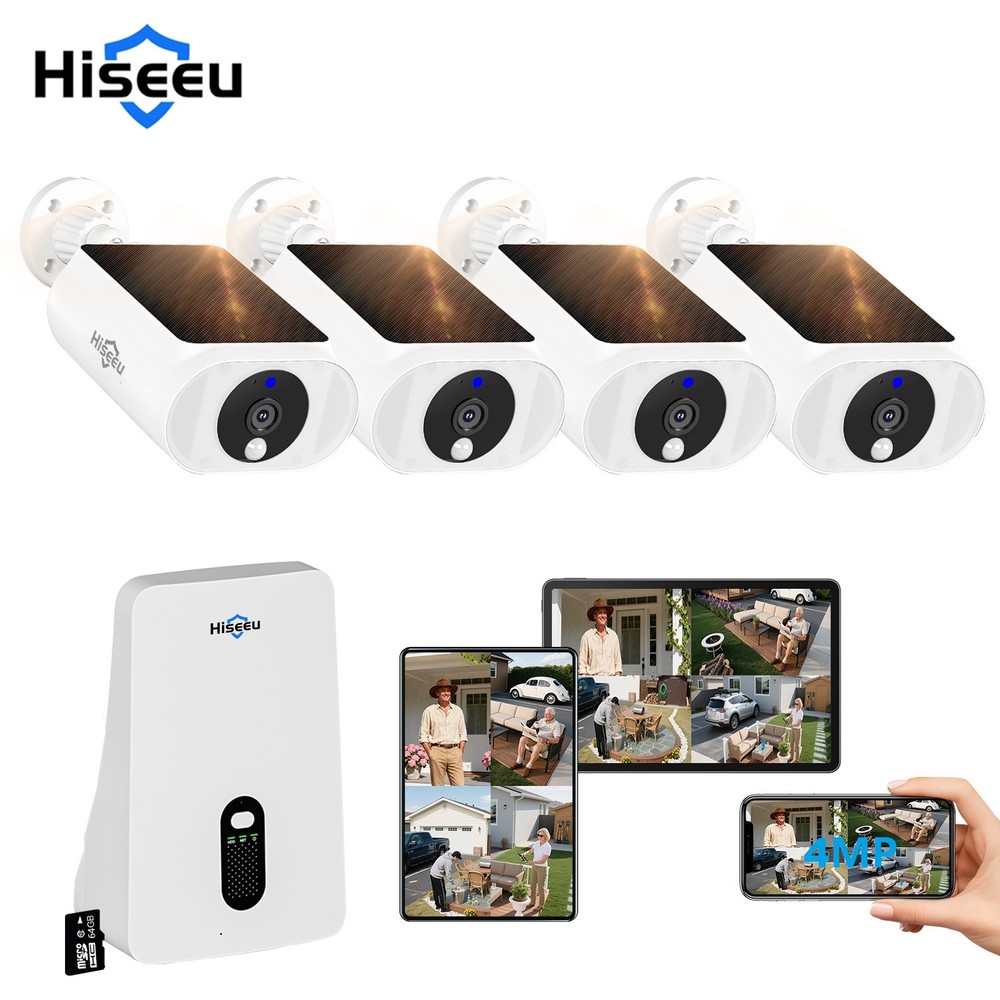 HISEEU 4PCS 4MP 10CH Solar Battery Powered Wireless WiFi Security Camera System