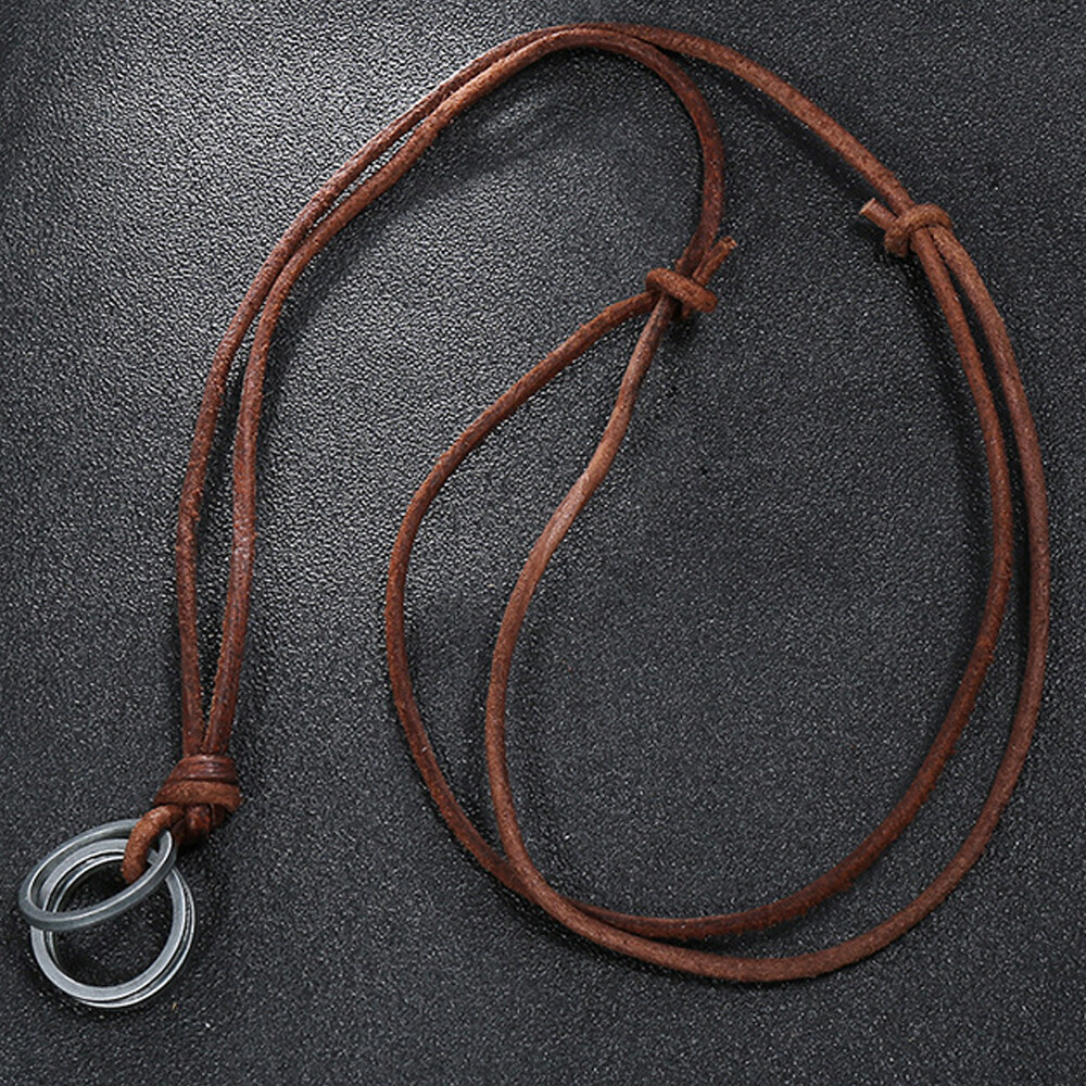 Retro Metal Rings Pendant Genuine Leather Surfer Choker Long Necklace Brown Mens