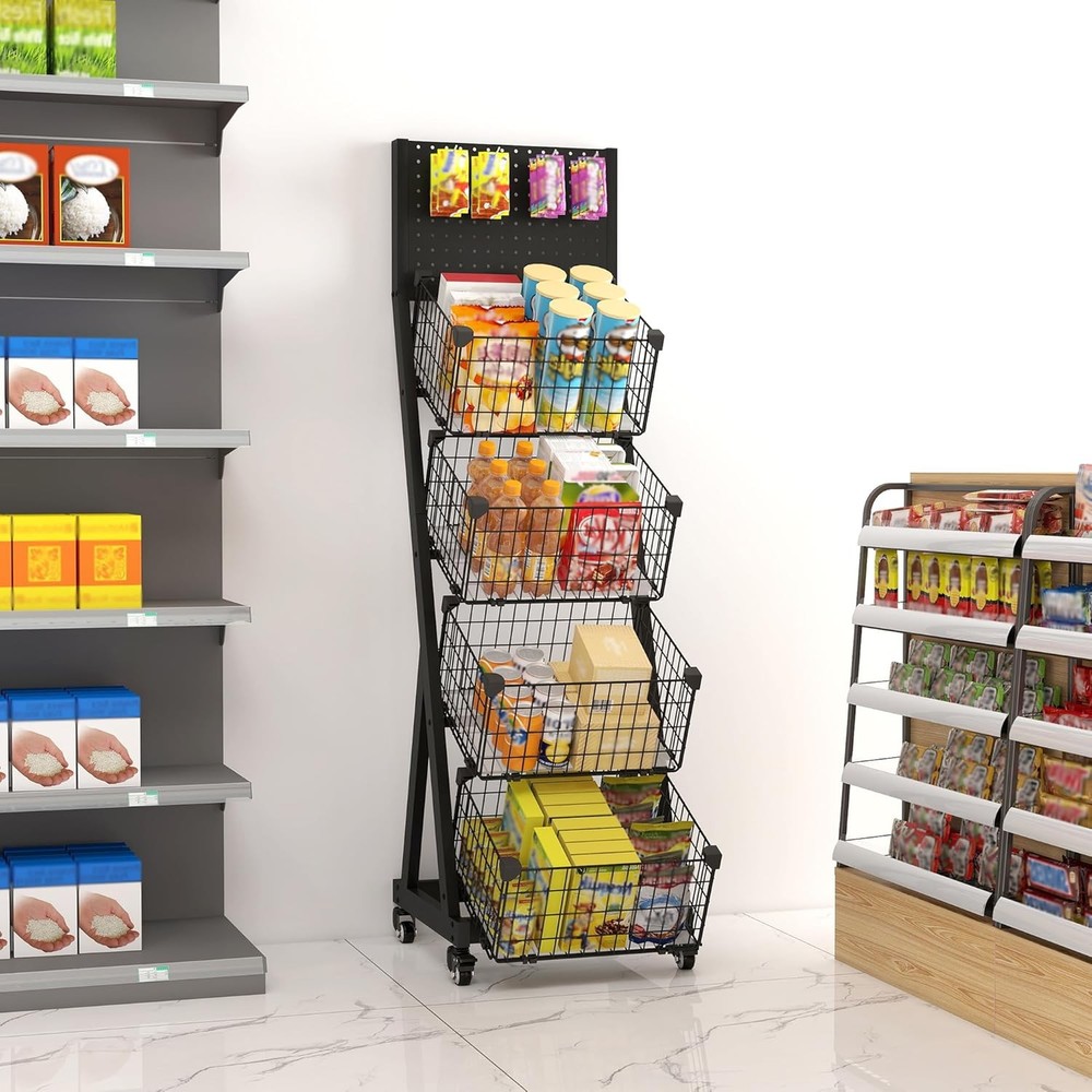 Moveable Supermaket Snack Rack Display Stand Moveable Shelf 4 Tier