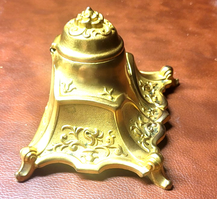 Vintage Brass S K Co. Art Nouveau Inkwell, Roller Blotter,pens - Ornate Etching