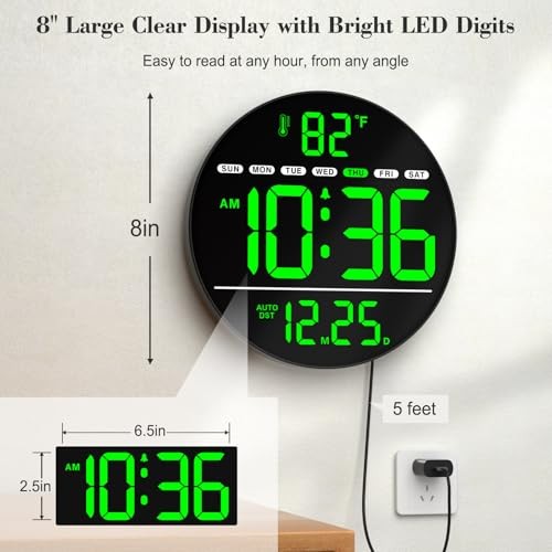 Large Digital Wall Clock with LED Display, Electric Wall Clock with Green