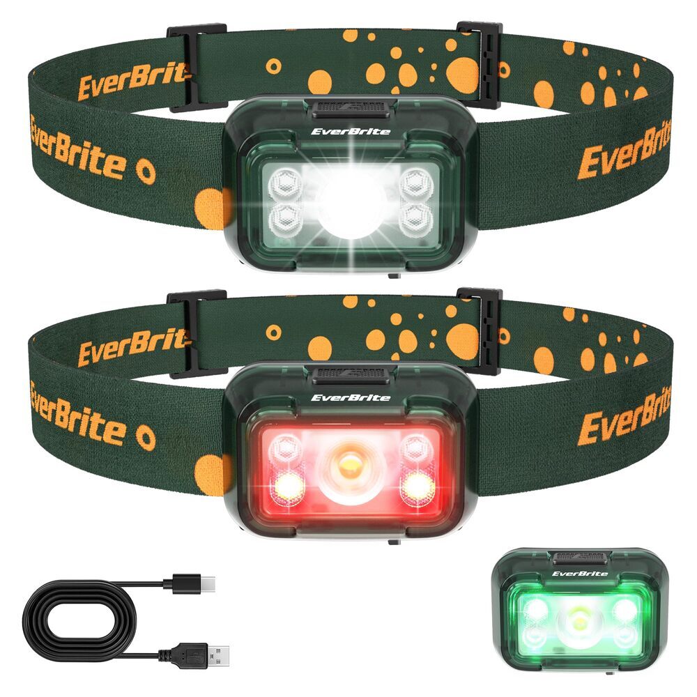 EverBrite 2 Pack Rechargeable LED Headlamp 120° Adjustable Headlight USB-C Cable