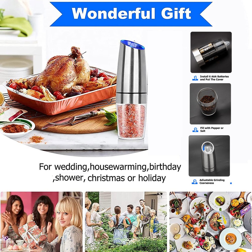 Gravity Electric Salt Pepper Mill Grinder Adjustable Coarseness Sensor LED Light