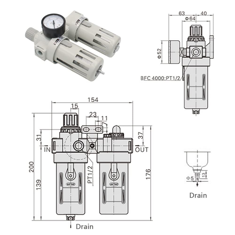1/2 NPT Compressed Air Filter Regulator Lubricator Combo,Air Tool Compressor Fil