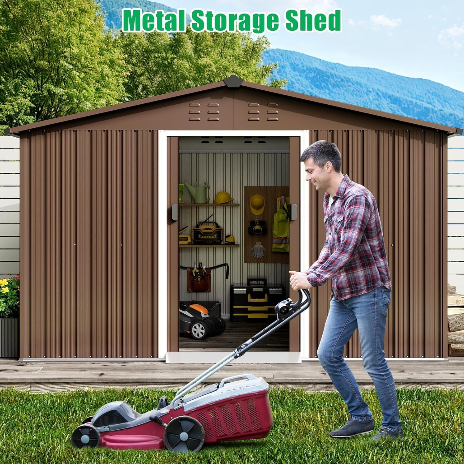 10x12 ft Metal Outdoor Storage Shed Galvanized Garden Shed with Lockable Doors