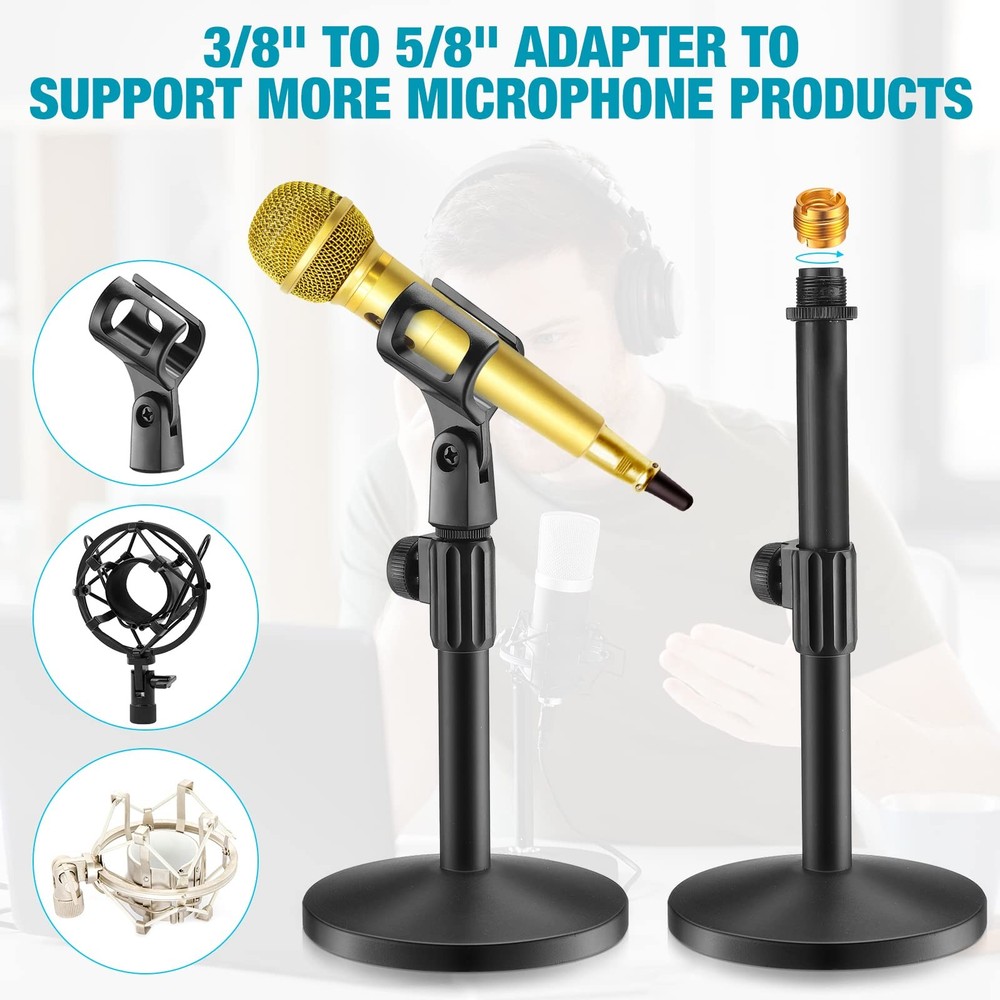 2 PCS Adjustable Desktop Microphone Stand with Mic Clip Round Metal Base