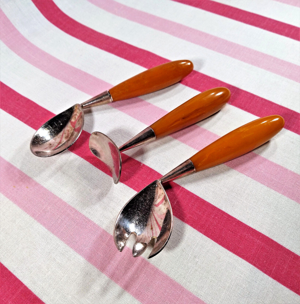 Gorgeous 1940s NAPIER Bakelite Child's Fork Spoon Pusher Set Training Silverware