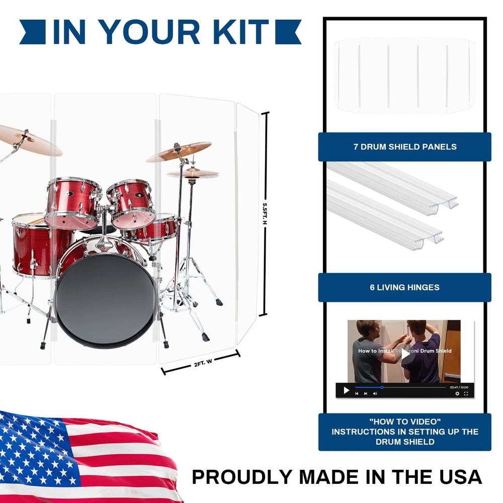 Pennzoni Drum Shield - 2 ft x 5.5 ft Drum Screen 7 Panels with Plastic Hinges