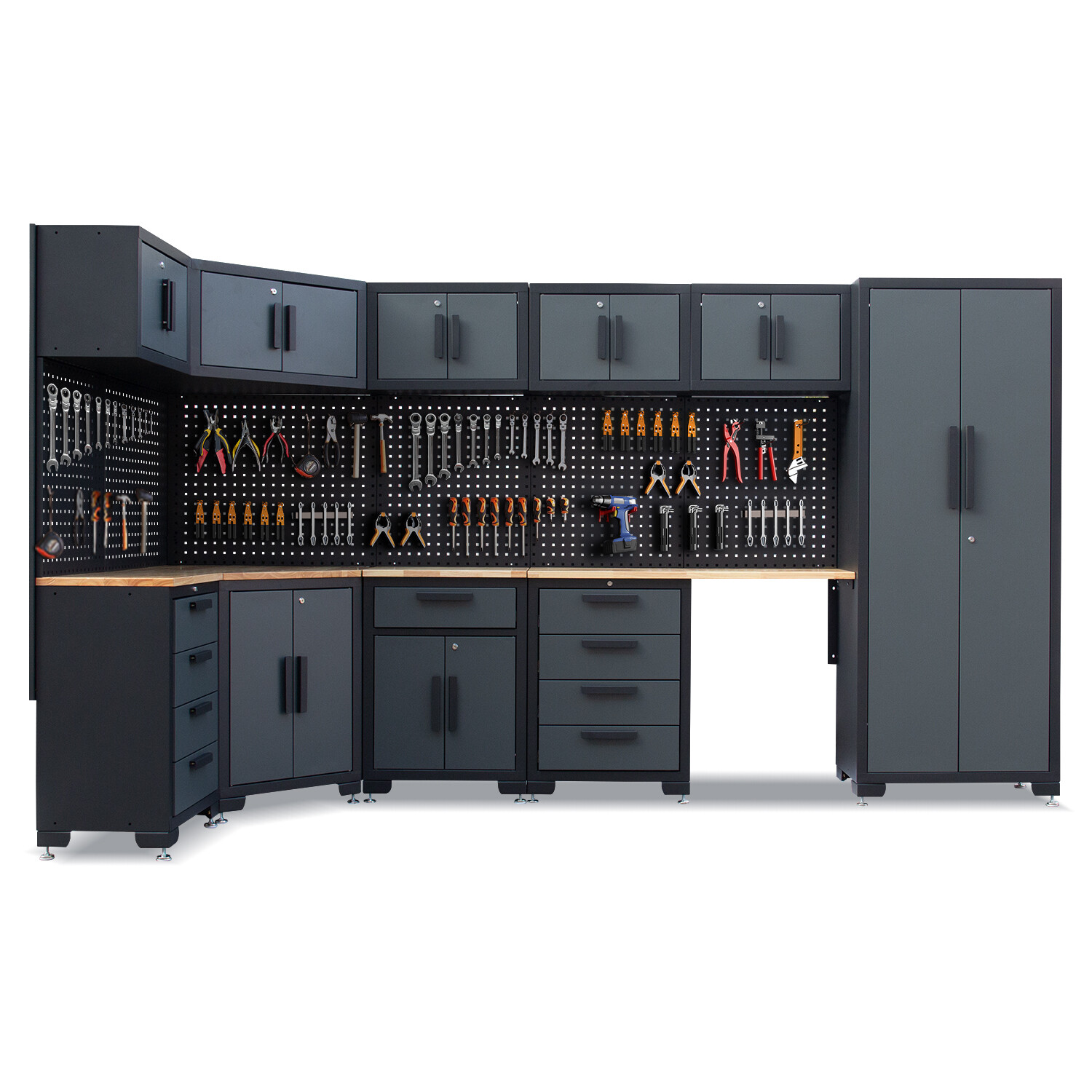 Garage Storage Cabinet 15Pcs Workshop W/Steel Cabinet Drawers Workbench Pegboard