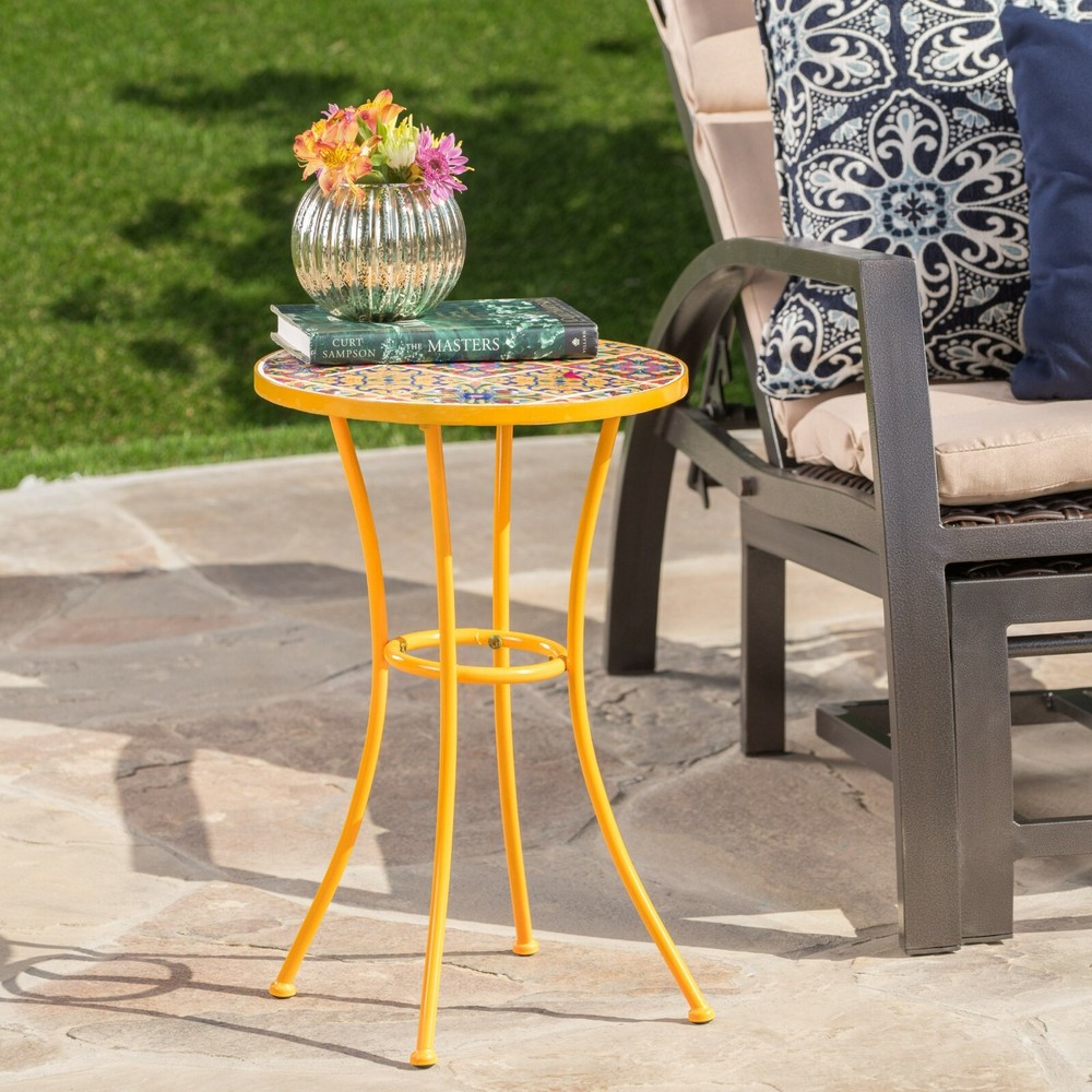 Brienne Outdoor Yellow Ceramic Tile Side Table with Iron Frame