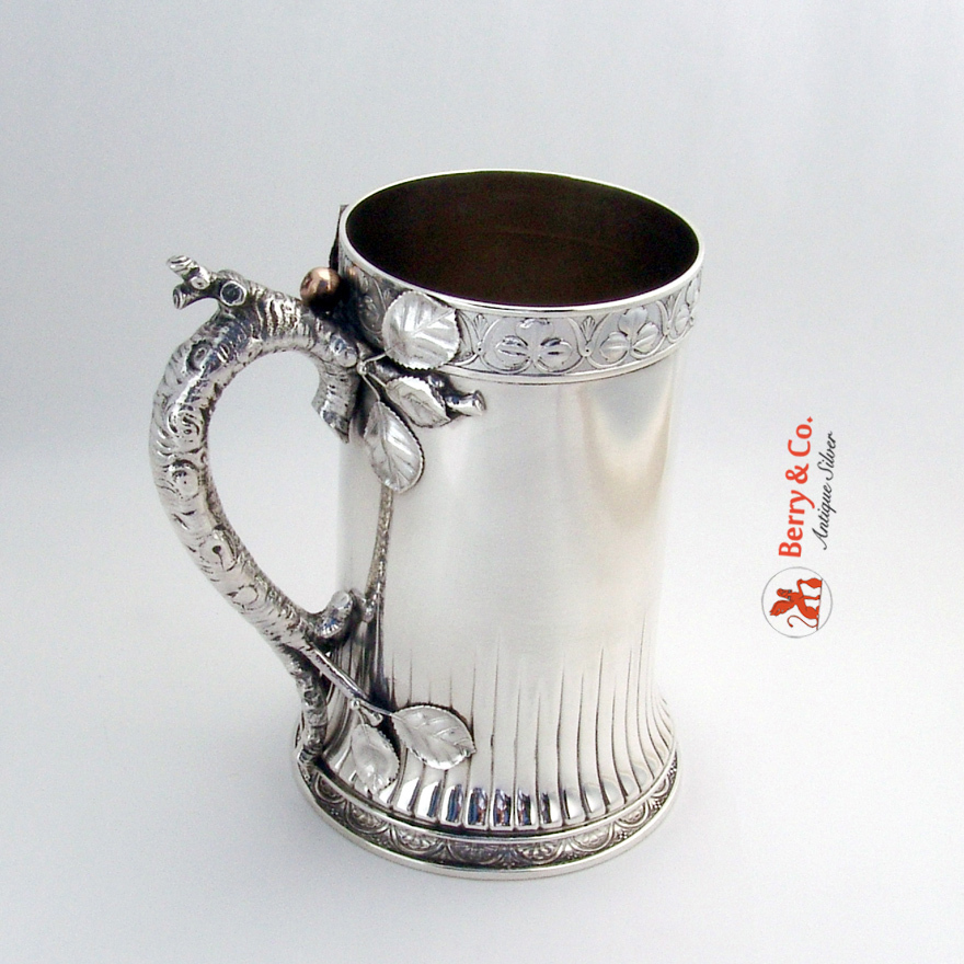 Mixed Metals Tankard Apple Tree Bark Handle Gorham 1880 Sterling