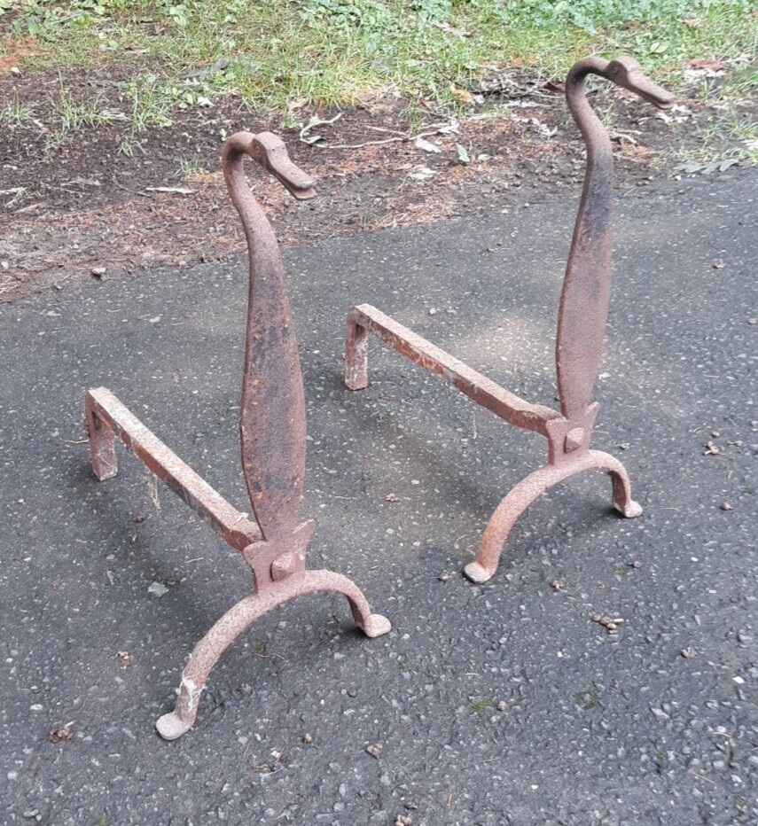 Pair Antique Wrought Iron Duck Form Andirons