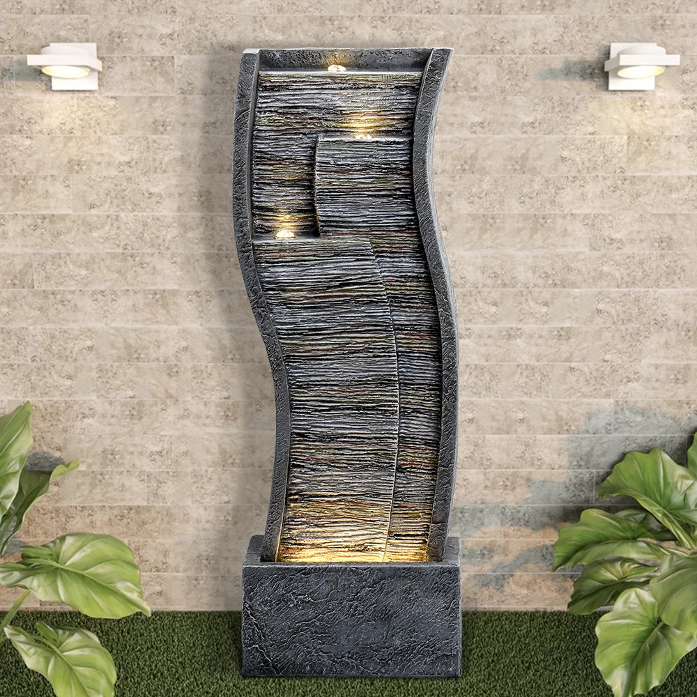 Faux Stone Water Fountain Outdoor Patio Cascading LED Light