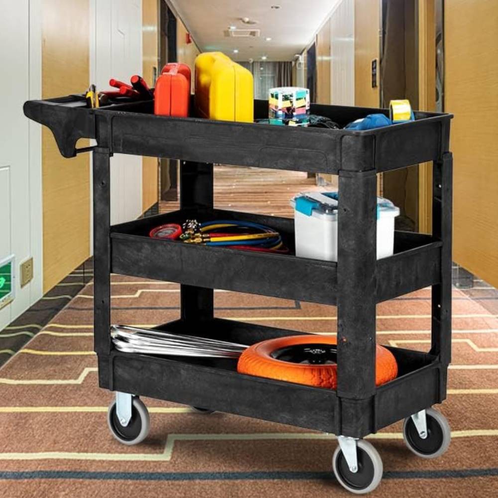 Heavy Duty Plastic Service Utility Cart with 3 Shelves / Ergonomic Handle Black
