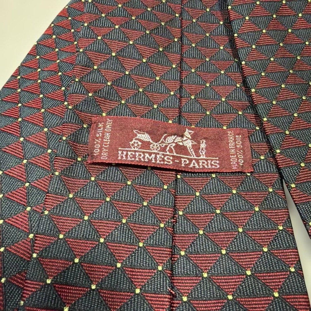HERMES Silk Tie Red Navy Diamond Pattern