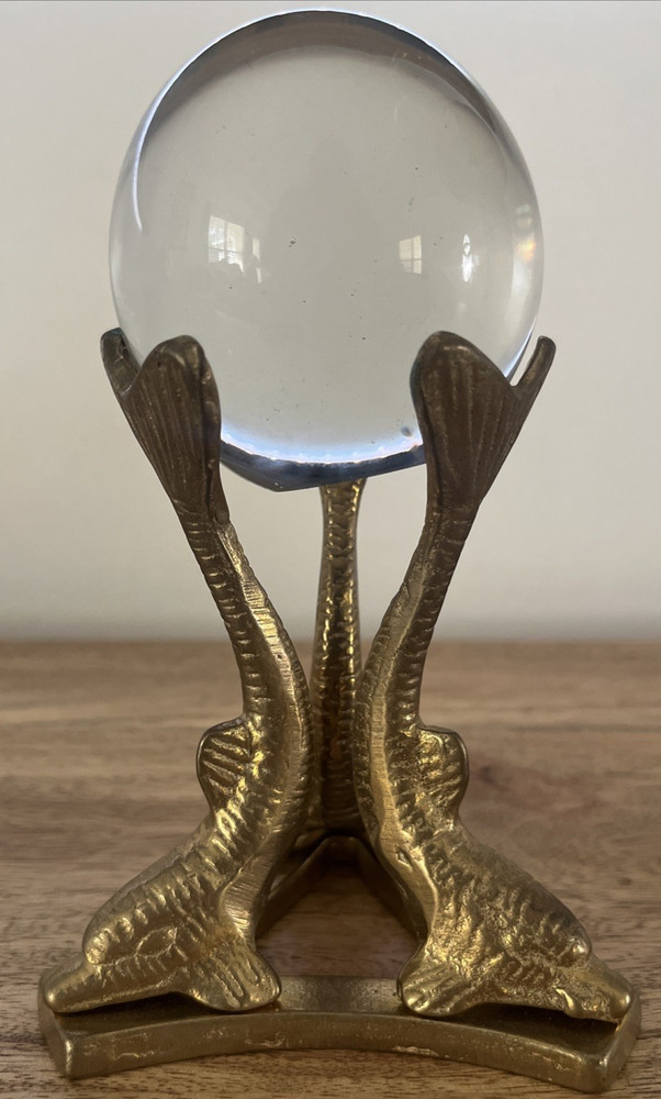 Vintage Crystal Ball Three Dolphin Solid Brass Stand Tripod Holder